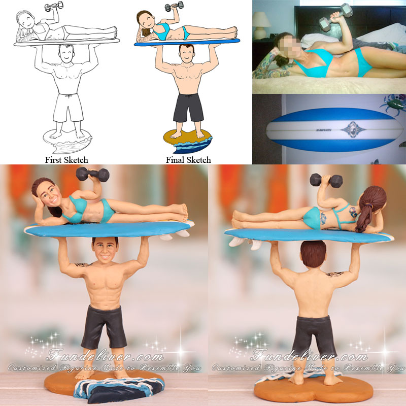 Groom Holding Bride Up on Surfboard Wedding Cake Toppers